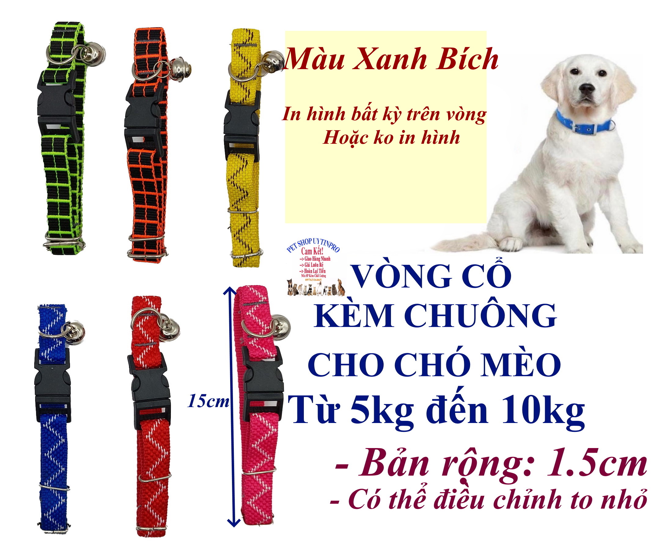 Vòng cổ kèm chuông cho Chó Mèo từ 5kg đến 15kg Bản rộng 1.5cm Chất liệu dù chắc chắn, An toàn, Có thể điều chỉnh to nhỏ