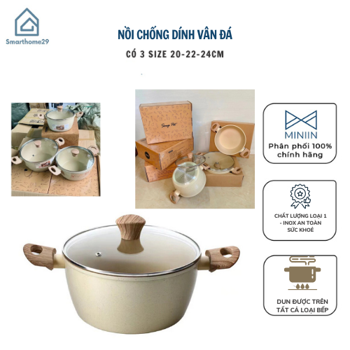 Nồi Chống Dính Vân Đá Size 20-22-24cm Có Tay Cầm Chống Nóng, Nắp Kính Đun Trên Mọi Loại Bếp CHUẨN NHẬT - HÀNG CHÍNH HÃNG MINIIN