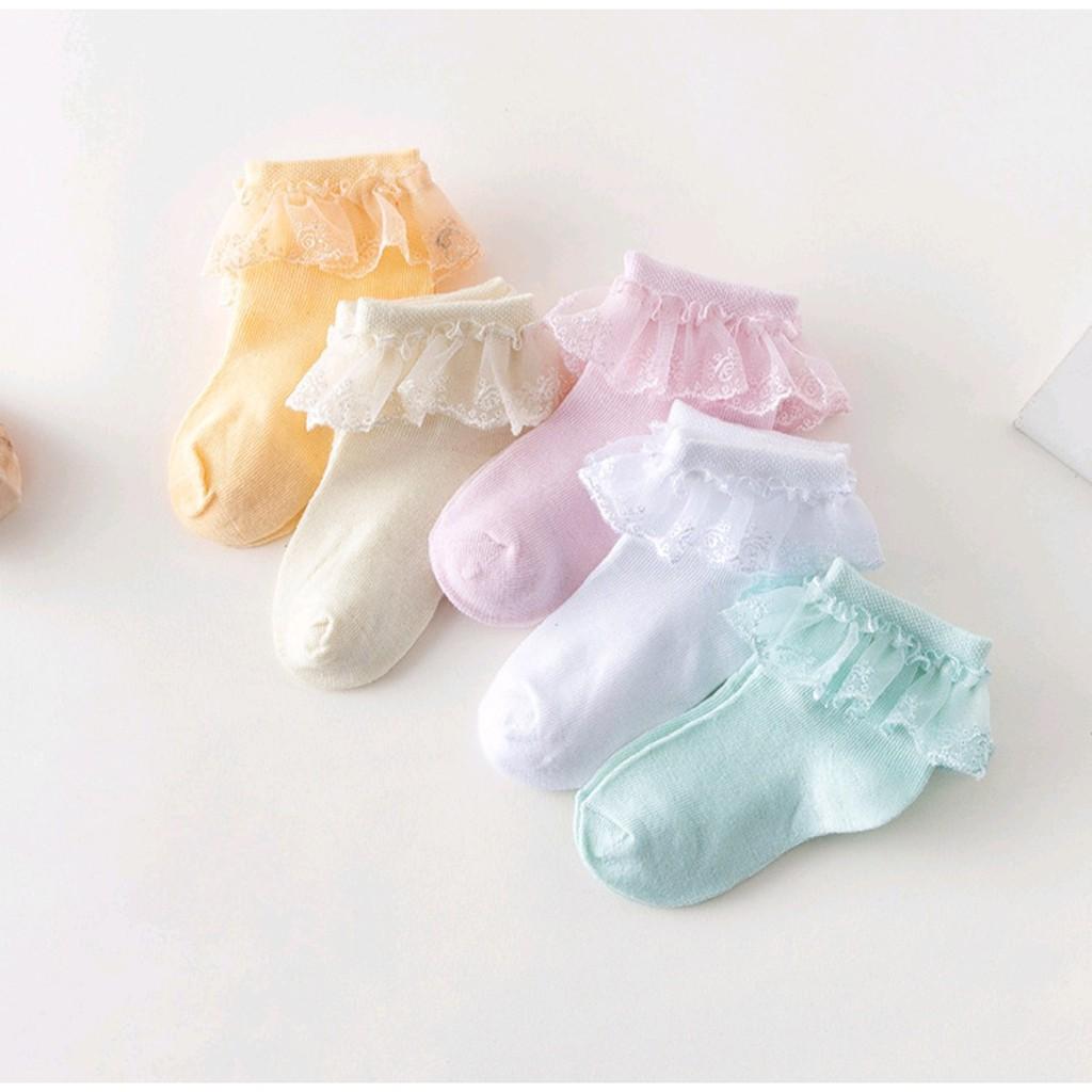 Tất Cho Bé Gái Thêu Rên 100% Cotton Chống Trơn Trượt Hàng Xuất Nhật Tất Trẻ Em Từ 0- 2 Tuổi