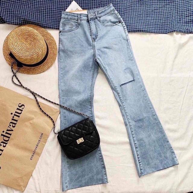 Quần jeans loe lửng cạp cao giãn mềm