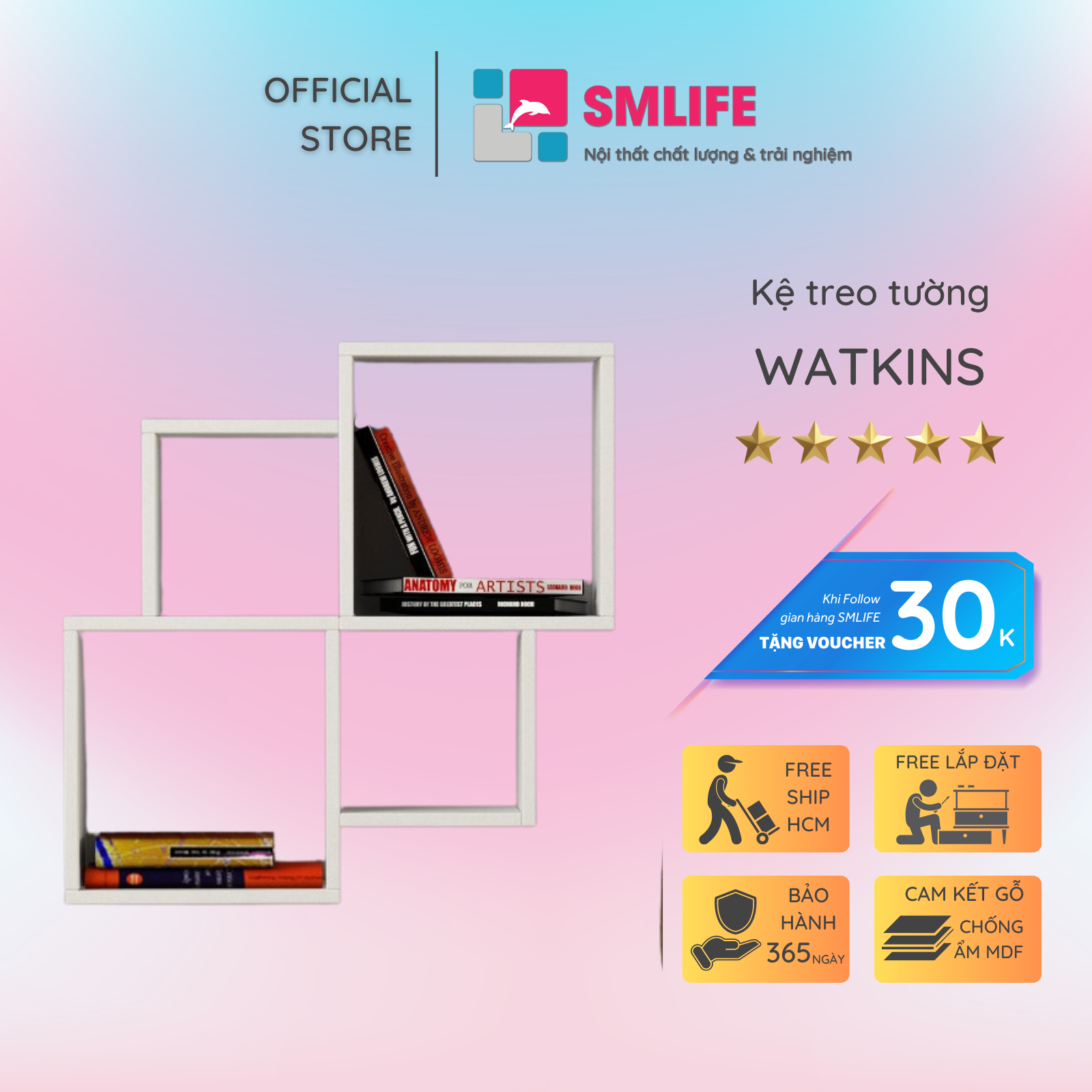 Kệ gỗ treo tường trang trí hiện đại SMLIFE Watkins Gỗ MDF dày 17mm chống ẩm D80xR20xC80cm - Màu Trắng