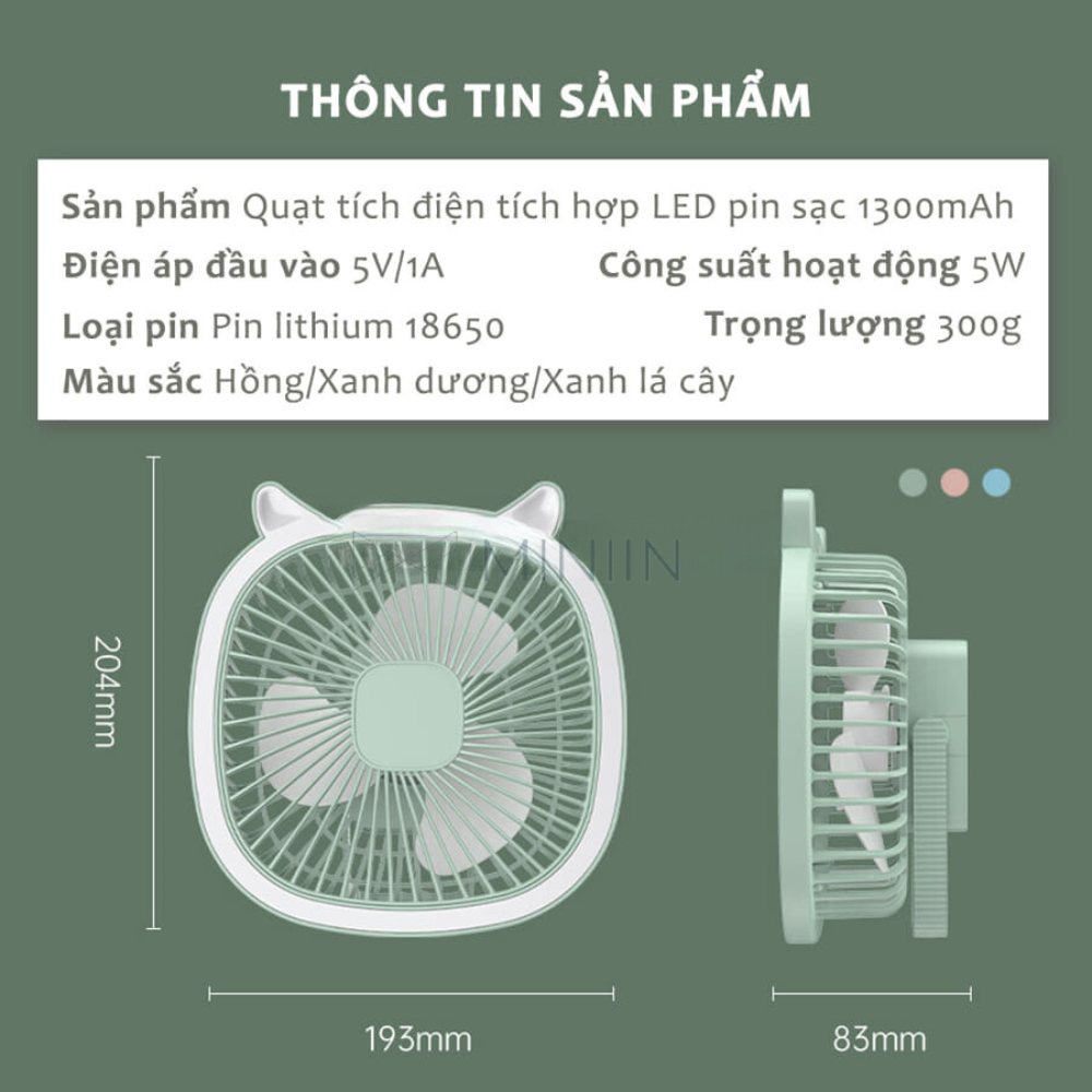 Quạt Tích Điện Đa Năng Có Đèn, Quạt Treo Tường, Để Bàn Kiêm Đèn Ngủ 3 In 1, Quạt Cầm Tay Tích Hợp Đèn Led Pin 1300mAh - HÀNG CHÍNH HÃNG MINIIN