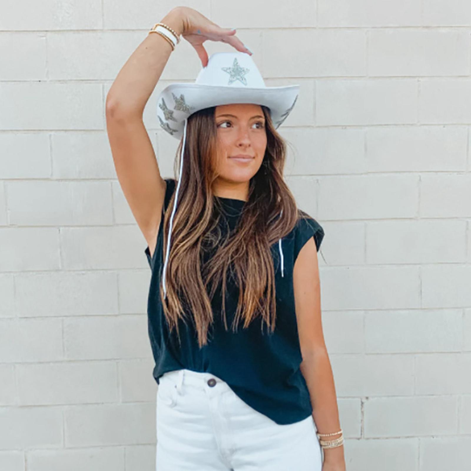 White Cowgirl Hat, Women Cowboy Hats with Sequin Star, Cowboy Costume Accessories for Adults Party Hat and Play Dress up