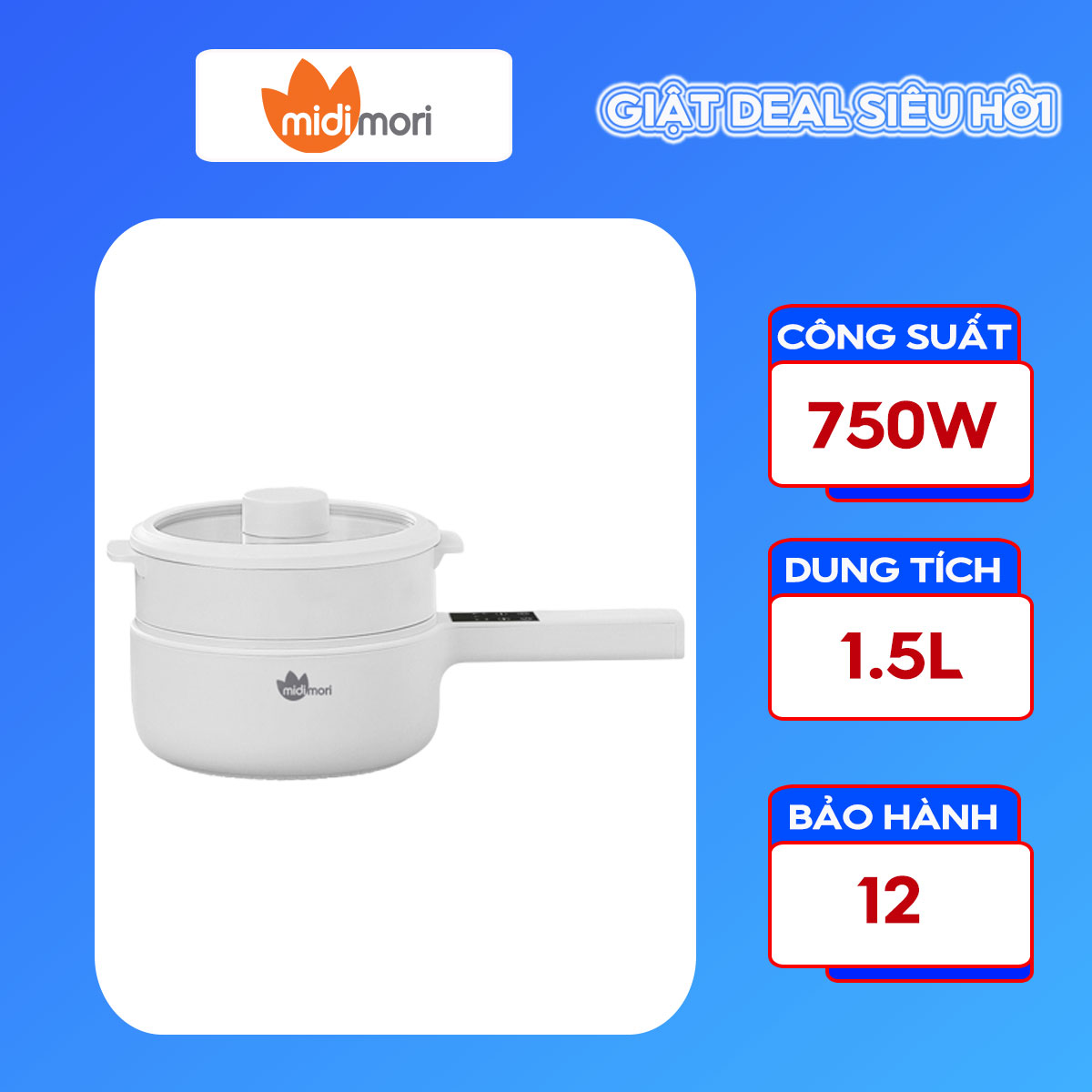 Nồi Lẩu Điện Đa Năng Mini Midimori MDMR-568 (750W) Kèm Xửng Hấp – Hàng Chính Hãng