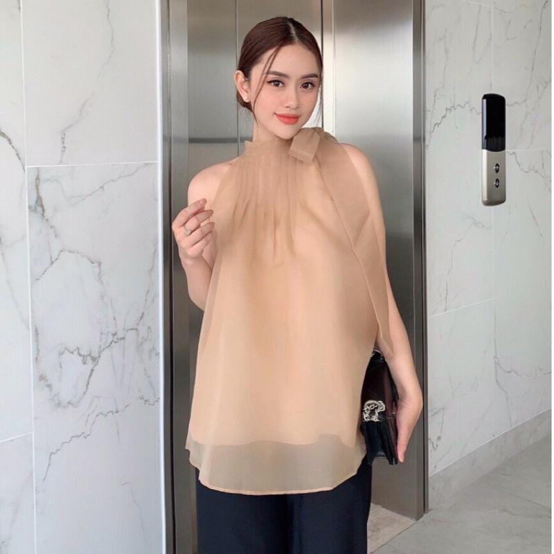 Áo voan tơ cổ yếm xếp li cột nơ