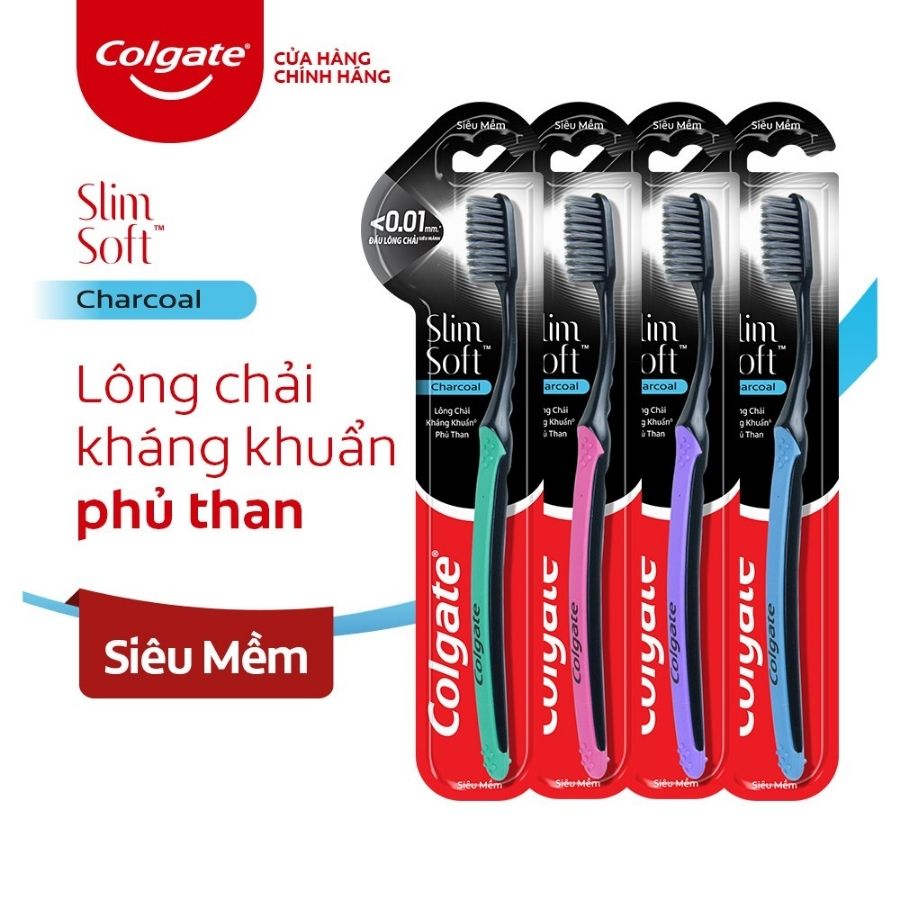 Bộ 4 bàn chải đánh răng Colgate than hoạt tính kháng vi khuẩn SlimSoft Charcoal mềm mảnh (Màu và Bao bì ngẫu nhiên)