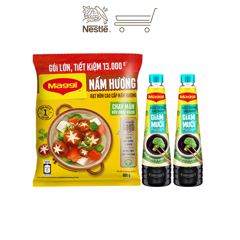 [Quà tặng tháng 11 - Mua 1 tặng 1 Bộ 3 Thố thủy tinh] COMBO MAGGI THANH DỊU: 2 chai Nước tương MAGGI Đậu nành Giảm muối (300x2) + 1 bịch Hạt nêm cao cấp MAGGI Nấm Hương (gói 800g)