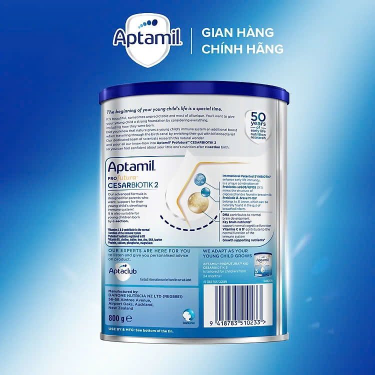 Combo 4 Sản phẩm dinh dưỡng công thức Aptamil Profutura Cesarbiotik 2 Follow On Formula (Dành cho trẻ từ 12 -24 tháng tuổi), 800g