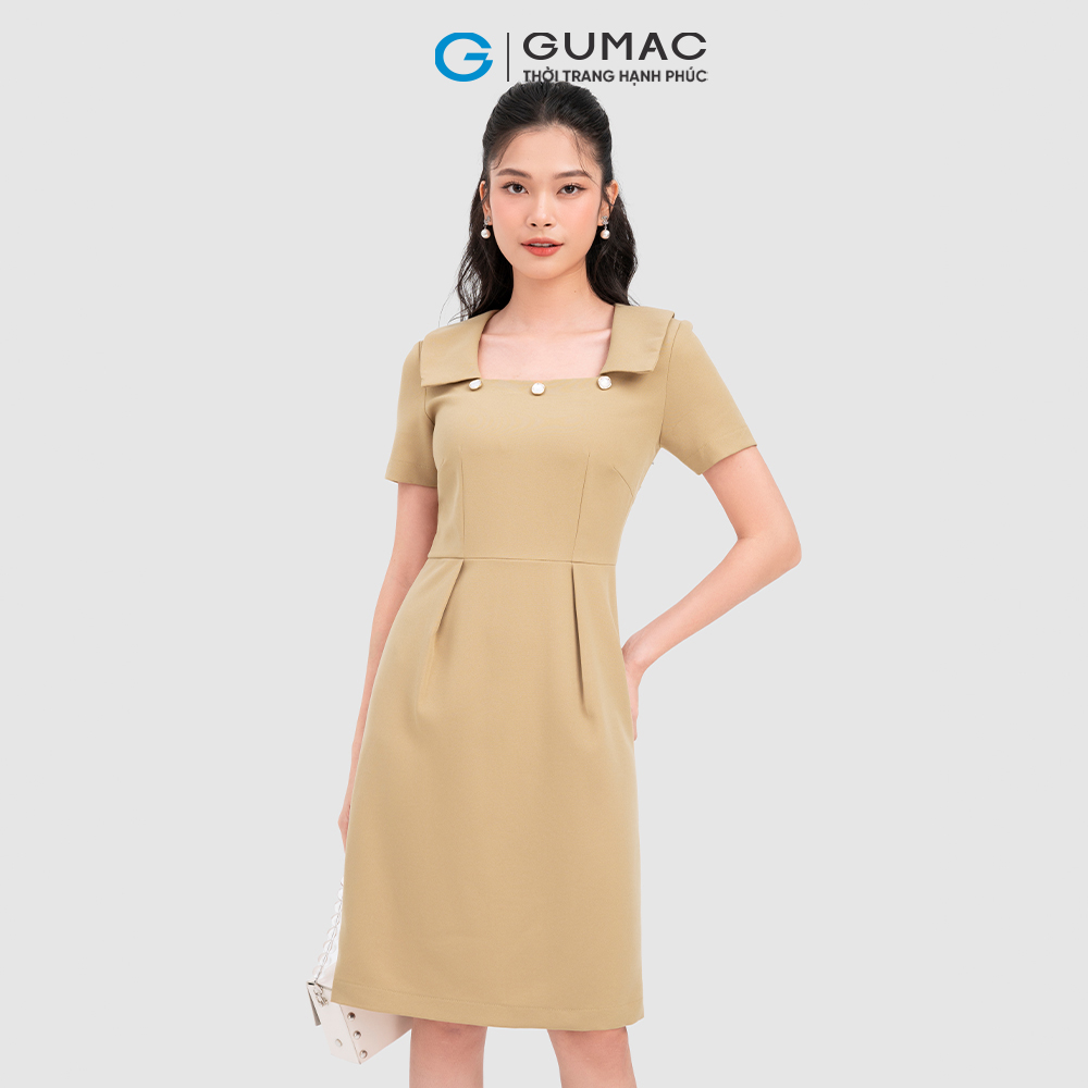 Đầm cổ vuông GUMAC DC11089 phối nút phong cách