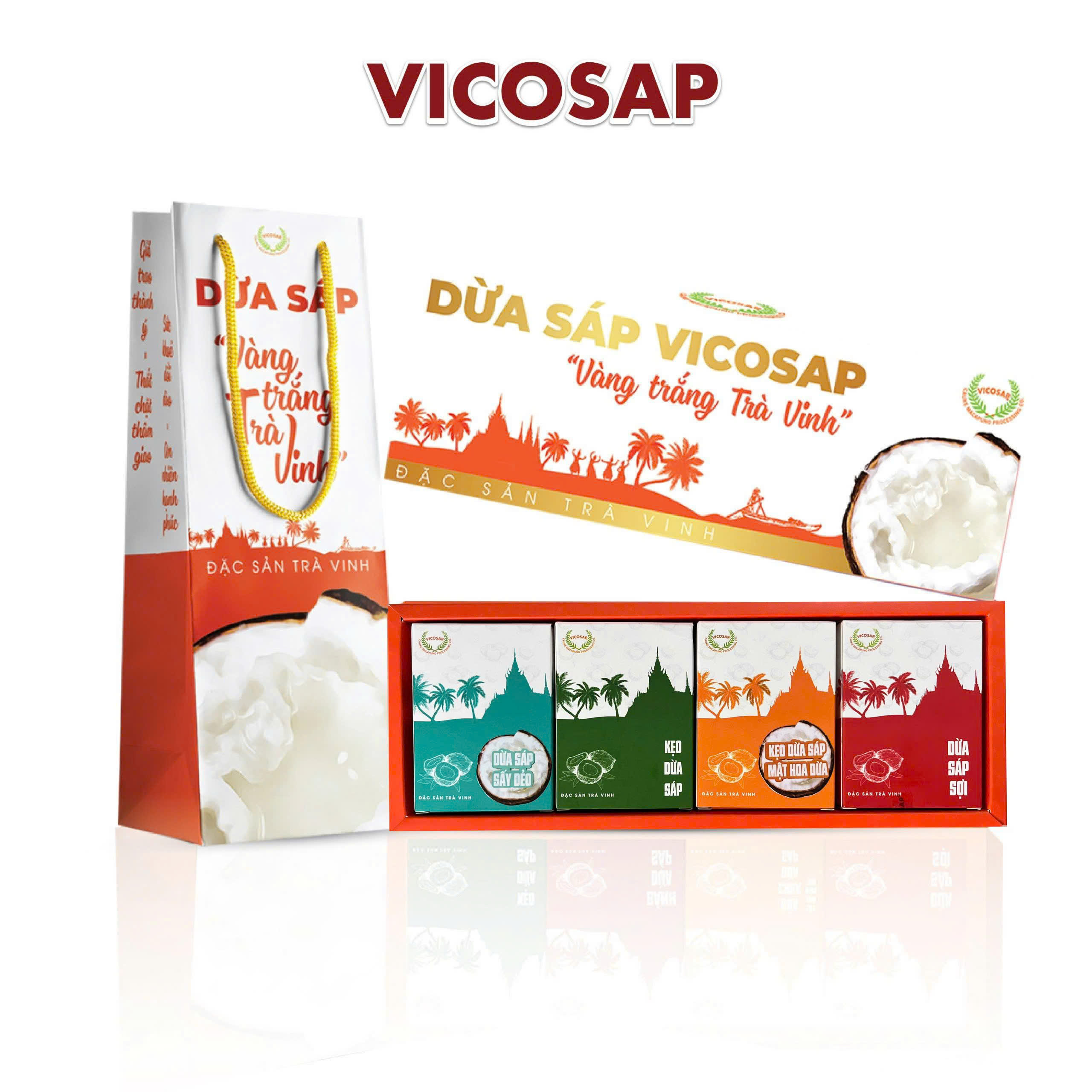 Hộp quà Tết 2025 VICOSAP Vàng Trắng Trà Vinh Tinh Hoa Tử Tế Tiết Kiệm gồm dừa sáp sấy kẹo dừa sáp