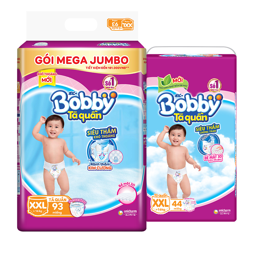 Combo Tã quần Bobby bịch Mega Jumbo + Super Jumbo đủ size M182/L162/XL150/XXL137