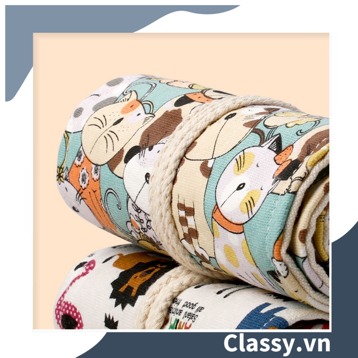 Túi đựng bút dạng cuộn vải cotton, phong cách vintage hình mèo PK617