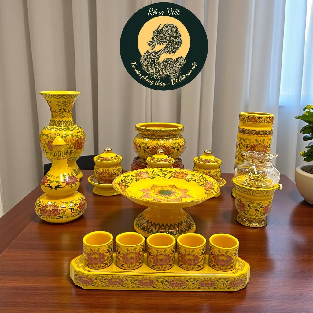 Bộ đồ thờ thần tài RỒNG VIỆT, Bộ đồ sứ men gấm vàng cao cấp, sang trọng
