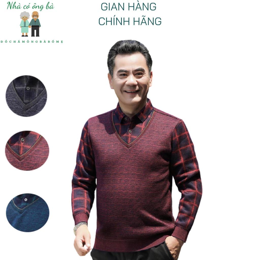 (CÓ SẴN) Áo len lót lông cổ đức kẻ caro giả hai lớp cho bố mùa đông, áo khoác mùa đông cho bố cho ông đồ trung niên trẻ