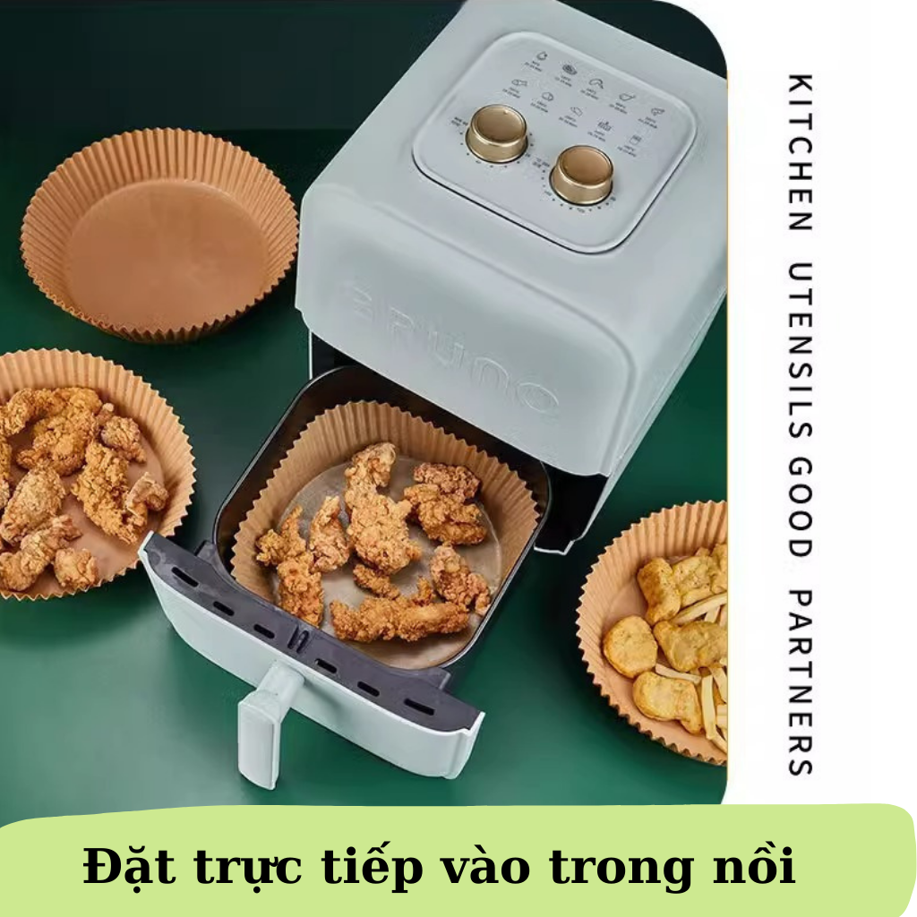 Set 50 Miếng Giấy Lót Nồi Chiên Không Dầu, miếng lót nướng không dính thấm dầu hình tròn đa năng V0060