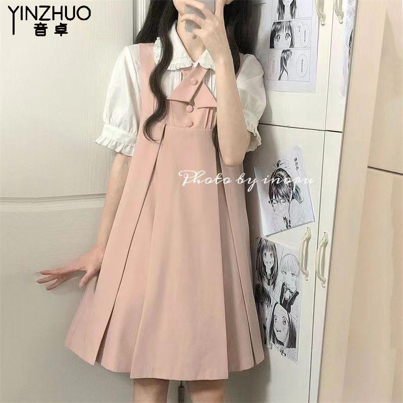 TOBE1SHOP Yuzhu Academy ngọt ngào dễ thương búp bê cổ áo sơ mi+giảm tuổi dây đeo váy nữ sinh lỏng lẻo một mảnh phù hợp