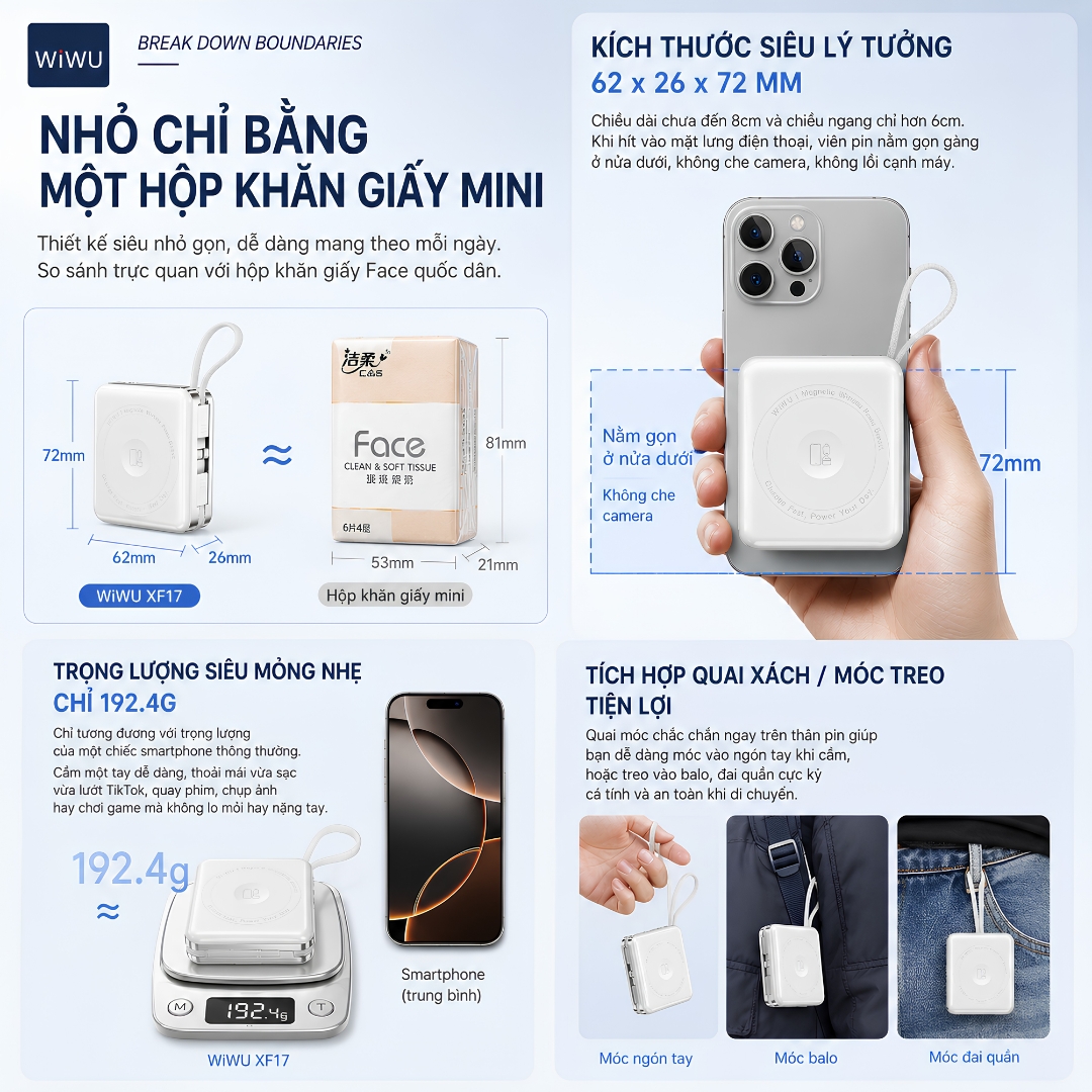 Pin sạc dự phòng sạc không dây từ tính 3in1 MagFusion Trio 10000Mah, kèm dây sạc Type-C + L(iP/iPad) WIWU XF17 cho iPhone iPad Apple watch Airpods - Sạc Magnetic 15W | PD20W | Cáp Type-C + L(iP/iPad) Tích Hợp | LED % Pin - Hàng nhập khẩu