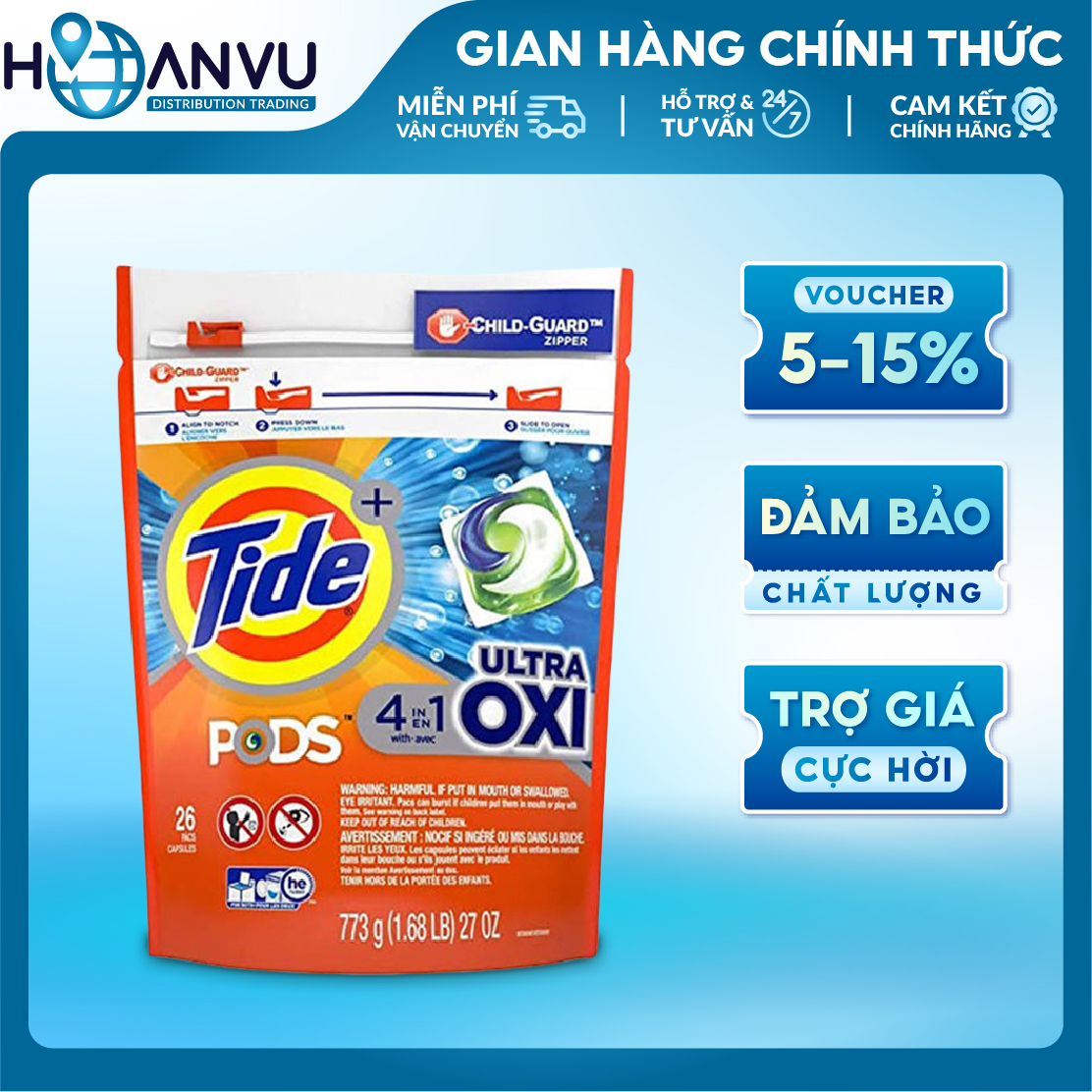 Viên Giặt Tide Pods Ultra Oxi Liquid Detergent Pacs 26 viên