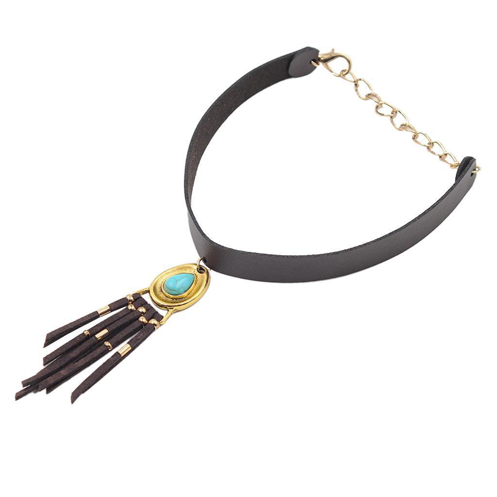 Women Bohemian PU Leather Choker Necklace Charm Pendant with Tassels