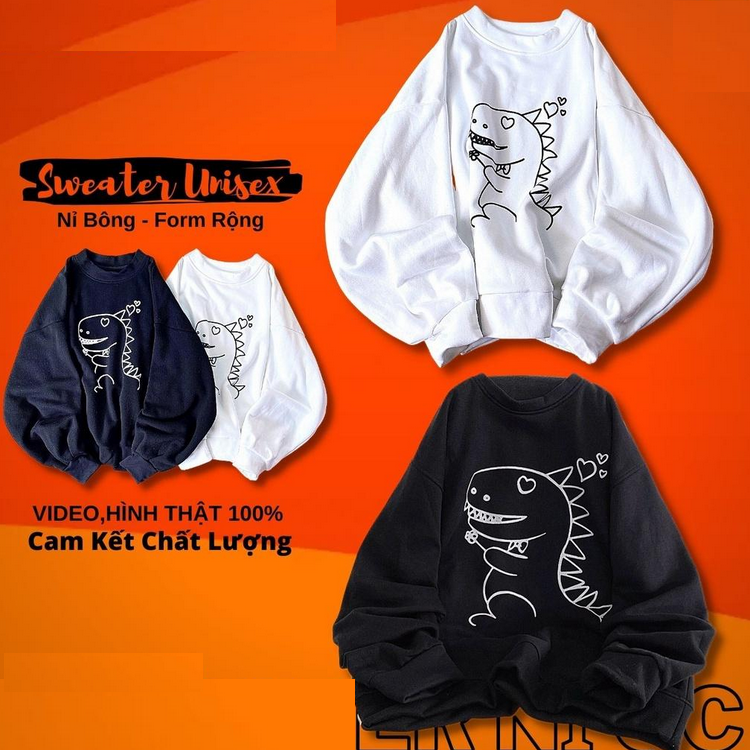Áo sweater nam nữ nỉ bông qc dày dặn form rộng tay phồng chuôi đầu tay bí unisex in KHỦNG LONG