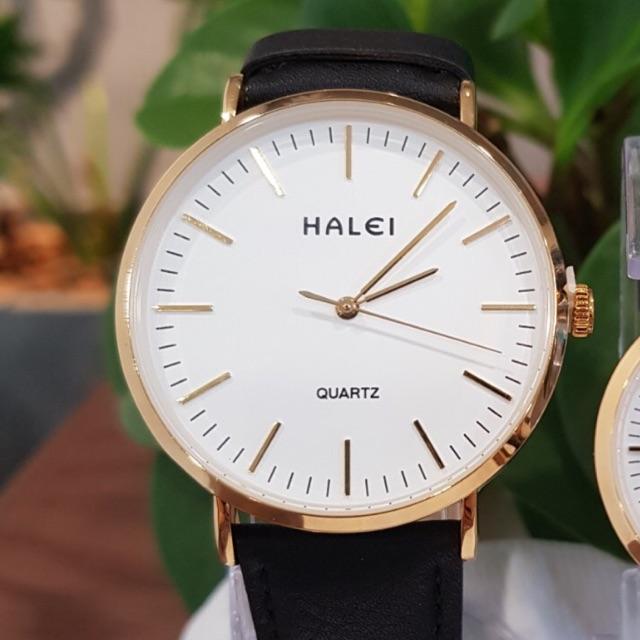 Đồng hồ nam Halei dây đen da mặt số vạch chính hãng Tony Watch 68