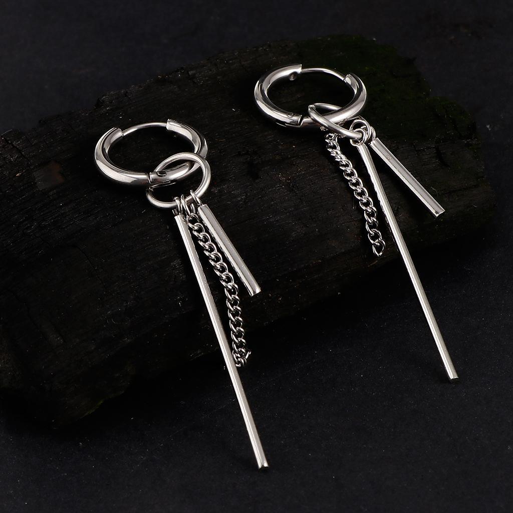 Stainless Steel Long Bar Chain Earrings Ring Loop Ear Clip