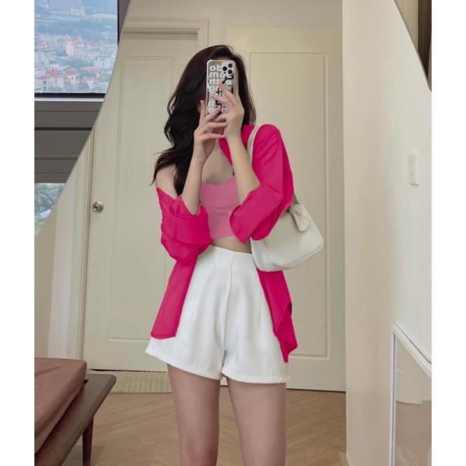 Set áo croptop bra 2 dây phối áo khoác sơ mi kèm quần shorts trắng