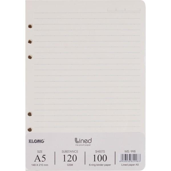 Ruột sổ còng giấy refill kẻ ngang A5 - 100 tờ; MS: 998, chính hãng Klong binder 6 lỗ 120GSM