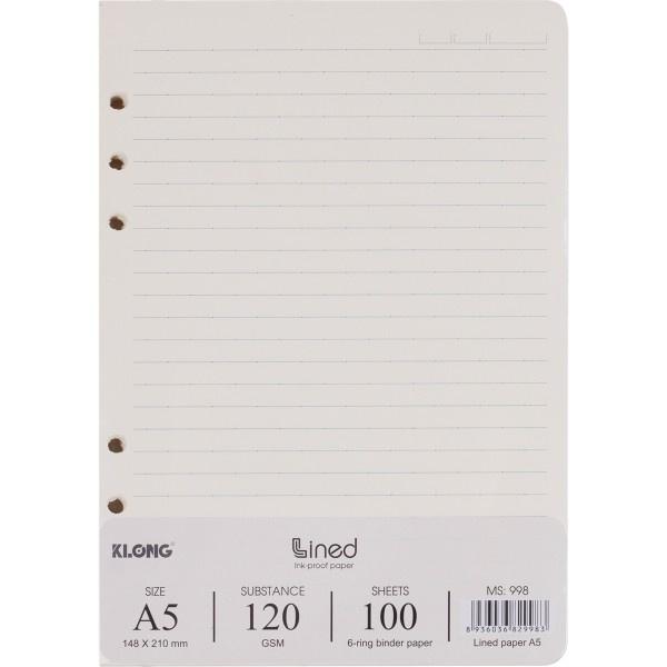 Ruột sổ còng giấy refill kẻ ngang A5 - 100 tờ; MS: 998, chính hãng Klong binder 6 lỗ 120GSM