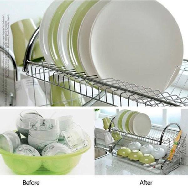 GIÁ ÚP BÁT ĐĨA INOX 2 TẦNG KỆ ÚP đĩa chén inox 304 thông minh, tiện dụng, Có khay hứng nước