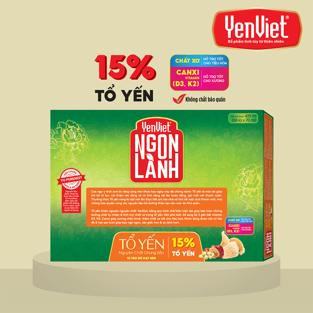 Tổ Yến Nguyên Chất Chưng Sẵn Yenviet Ngon Lành Vị Táo Đỏ Hạt Sen (15% Tổ Yến) - Hộp quà tặng 06 lọ