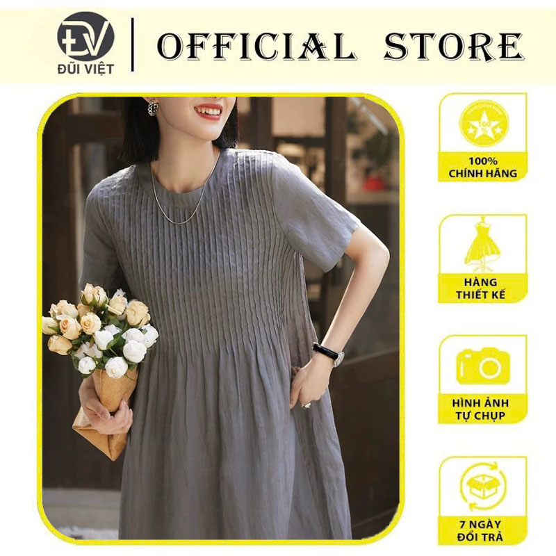 Đầm suông linen tay ngắn trẻ trung, chất vải linen mềm mát, dễ mặc, thích hợp đi chơi, dạo phố Đũi Việt