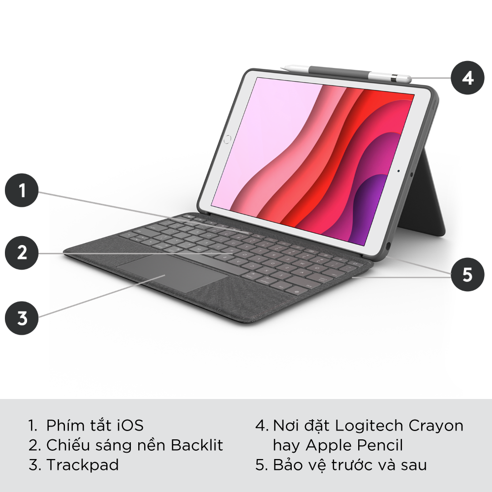 Bao da kèm bàn phím Logitech Combo Touch iPad Gen 7, Gen 8, Gen 9 (10.2 Inch) - Trackpad to, có thể tháo rời - Hàng chính hãng