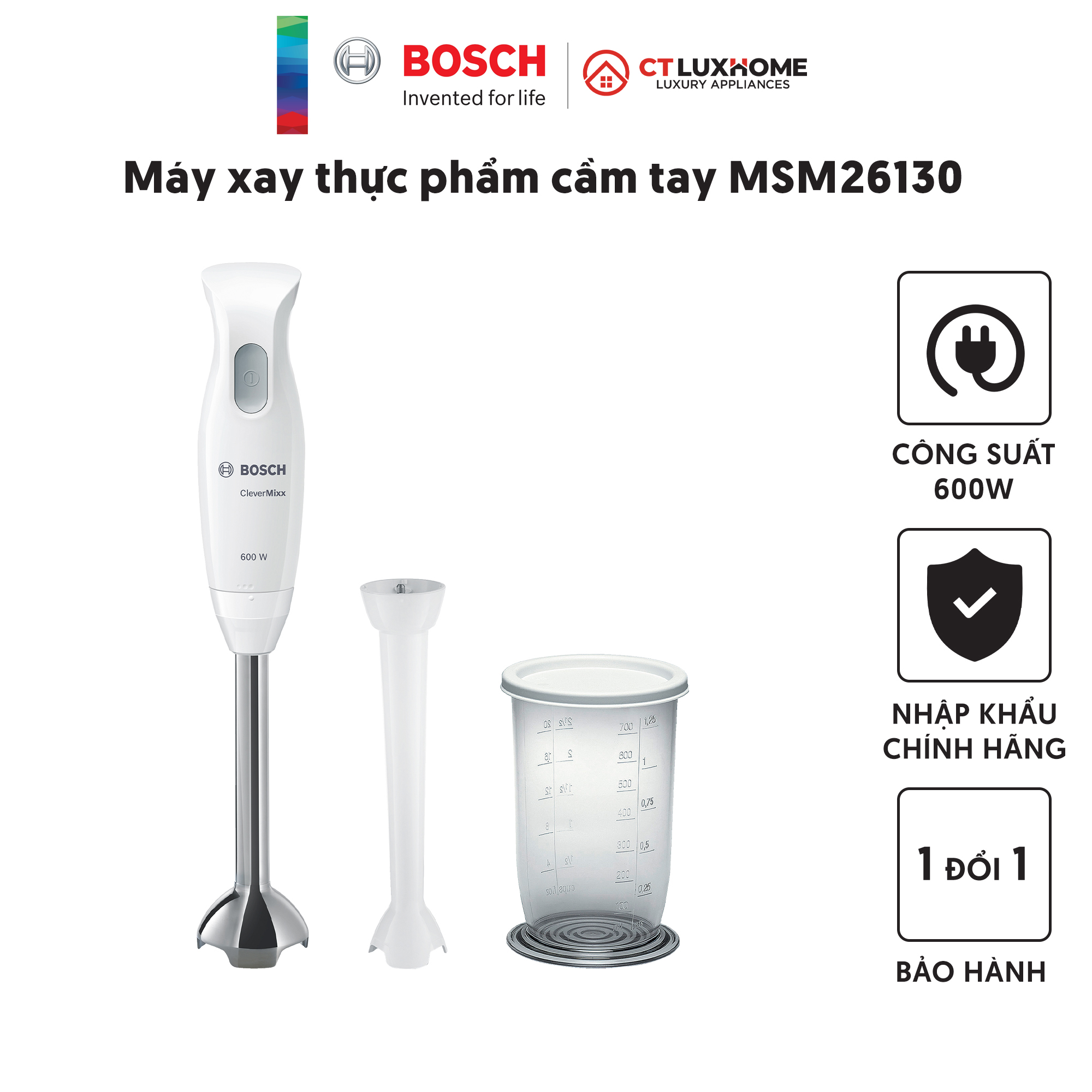 Máy xay thực phẩm cầm tay Bosch MSM26130 600W, 220V, 50/60Hz, Kèm chân cắt mỏng SlimFoot [Hàng chính hãng]