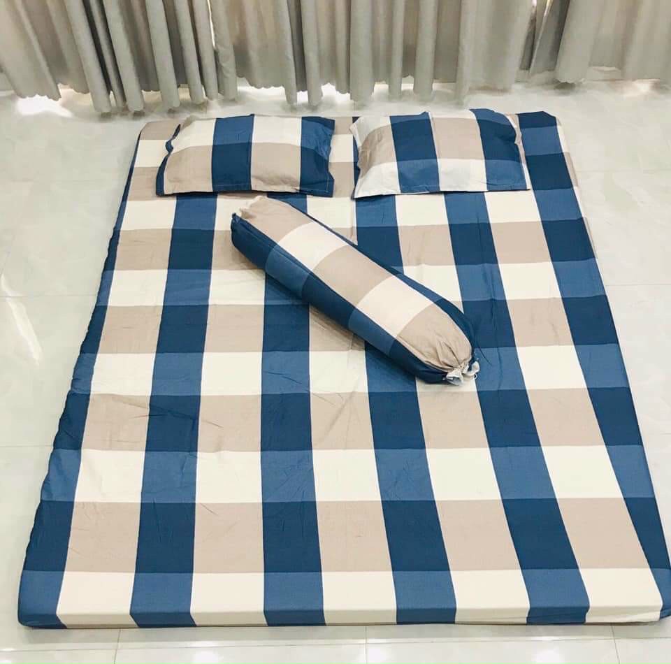Set 4 món Ga gối Cotton Poly Kẻ Caro Diêm phong cách Hàn Quốc - Tặng 1 bàn chải Bossi
