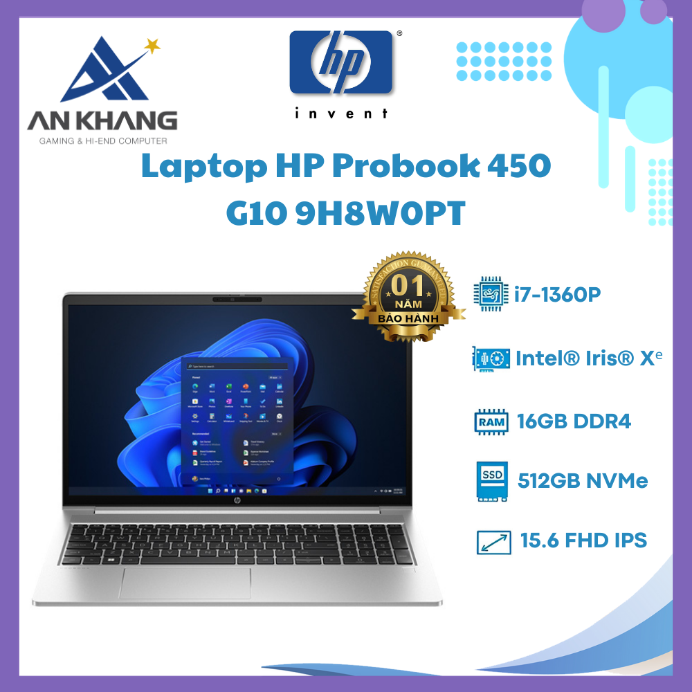 Laptop HP ProBook 450 G10 9H8W0PT (Intel Core i7-1360P | 16GB | 512GB | Intel Iris Xe | 15.6 inch FHD | Cảm ứng | Win 11 | Bạc) - Hàng Chính Hãng - Bảo Hành 12 Tháng