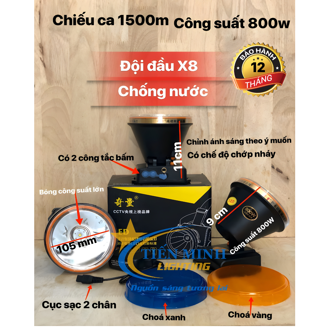 ĐÈN ĐỘI ĐẦU X8 CÔNG SUẤT LỚN 800W, CHÓA 10.5CM, 3 CHẾ ĐỘ SÁNG, TẦM CHIẾU XA 1500M