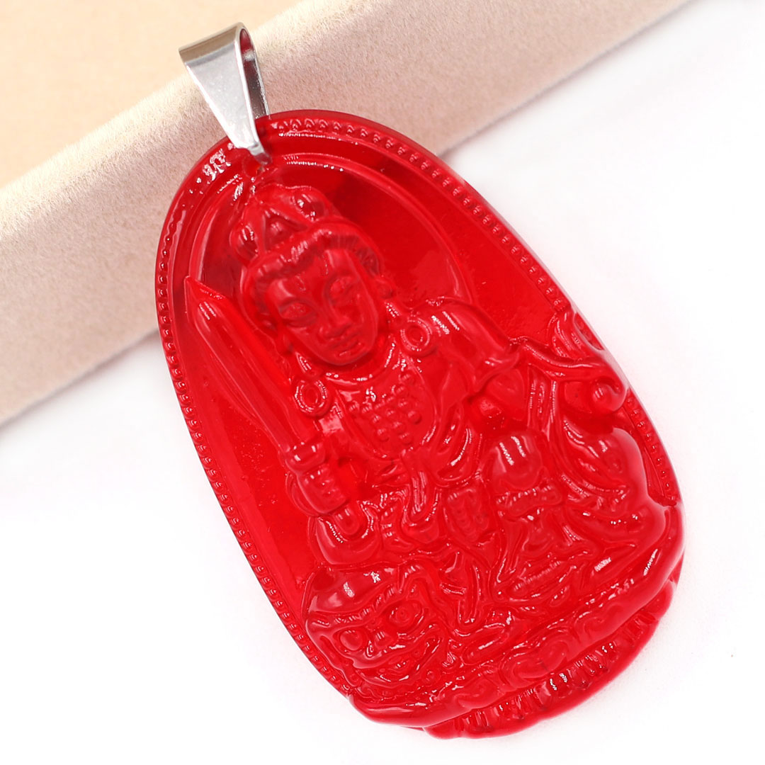 Mặt Dây Chuyền Phật Văn Thù Bồ Tát Đá Pha Lê Đỏ Size Nhỏ 3.6cm & Size Lớn 5cm - Tặng Kèm Móc Inox - Phong Thủy 868 - May Mắn - Bình An