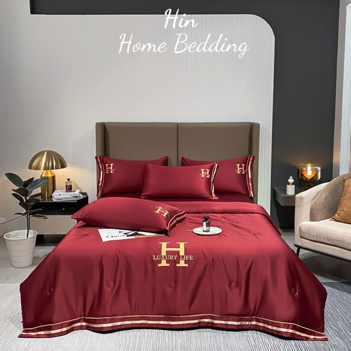 Bộ Chăn Ga Gối Đệm 5 Món Chăn Phao Lụa Thái Hin Home Bedding Drap Giường Lụa Mẫu Đỏ