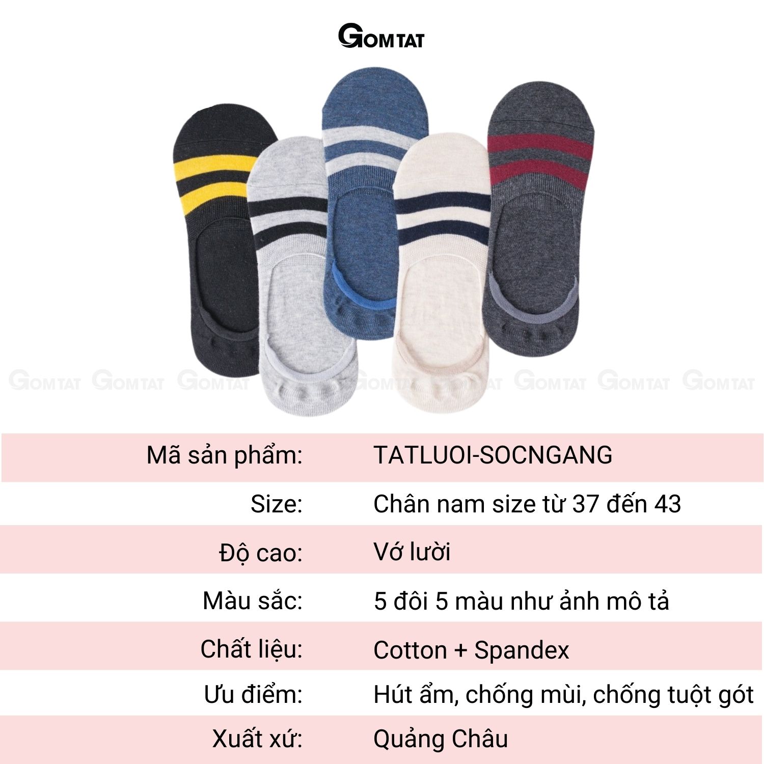 Combo 5 đôi Vớ lười Nam Mẫu Sọc Ngang, Tất Lười Cotton cao cấp, có đệm sao su chống tuột gót