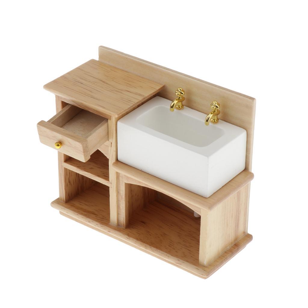 2PCS 1/12 Scale Dolls House Wood Wash Basin Cabinet Bathroom Decoration Accessory