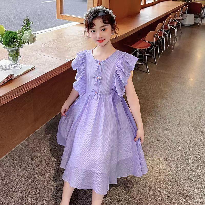CHENGRUI Cô gái ăn mặc mùa hè 2023 phong cách phương Tây trẻ em chiffon lưới váy công chúa màu đỏ thời trang cô gái không tay váy ẩm ướt