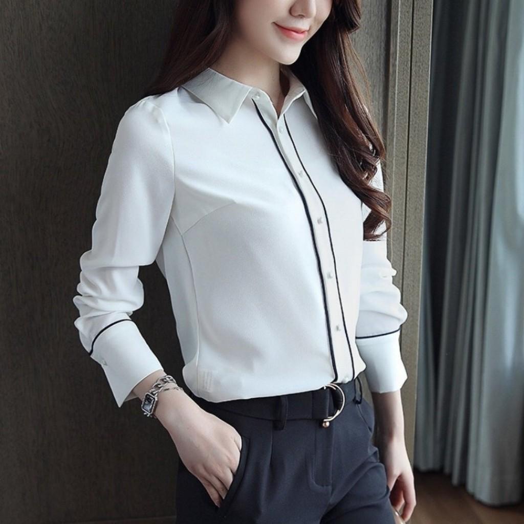 Áo Sơ Mi Nữ Dài Tay Phối Viền Đen Dọc Cúc Mã G988 Chất Kate Mềm Mịn,Thoáng Mát