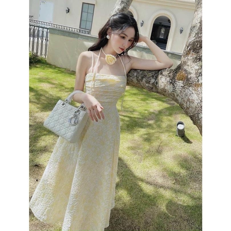 ĐẦM ĐI CHƠI, ĐẦM CÚP NGỰC XẾP LY 2 DÂY DÁNG XÒE PHỐI CHOKER BÔNG CỰC ĐÁNG IU