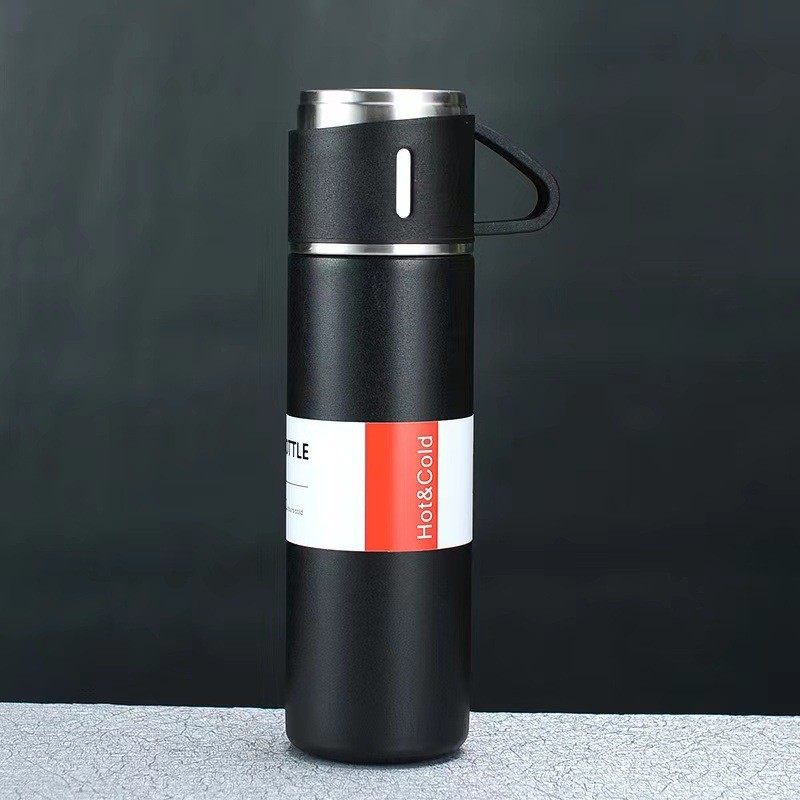 Set Bình Giữ Nhiệt + 2 Ly Cách Nhiệt Vacuum Flask 500ml Inox Cao Cấp MÀU XÁM SÁNG TƯƠI VÀ ĐEN  - Dru Hàng Chính Hãng