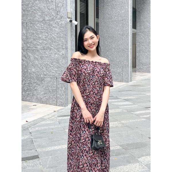 Đầm trễ vai hoạ tiết chất cotton hàn cao cấp-Thiết kế từ
