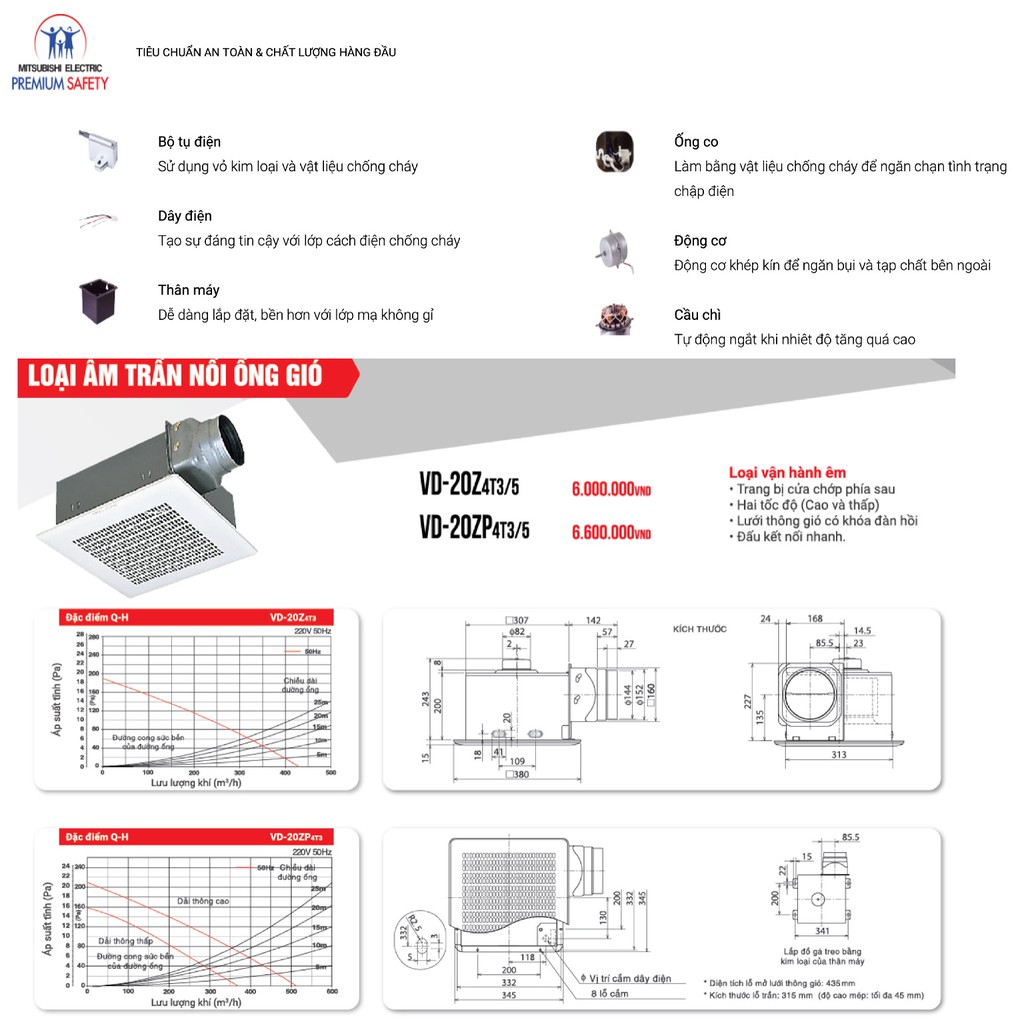 Quạt hút âm trần nối ống gió Mitsubishi VD-20Z4T3 42W Made in ThaiLand HÀNG CHÍNH HÃNG