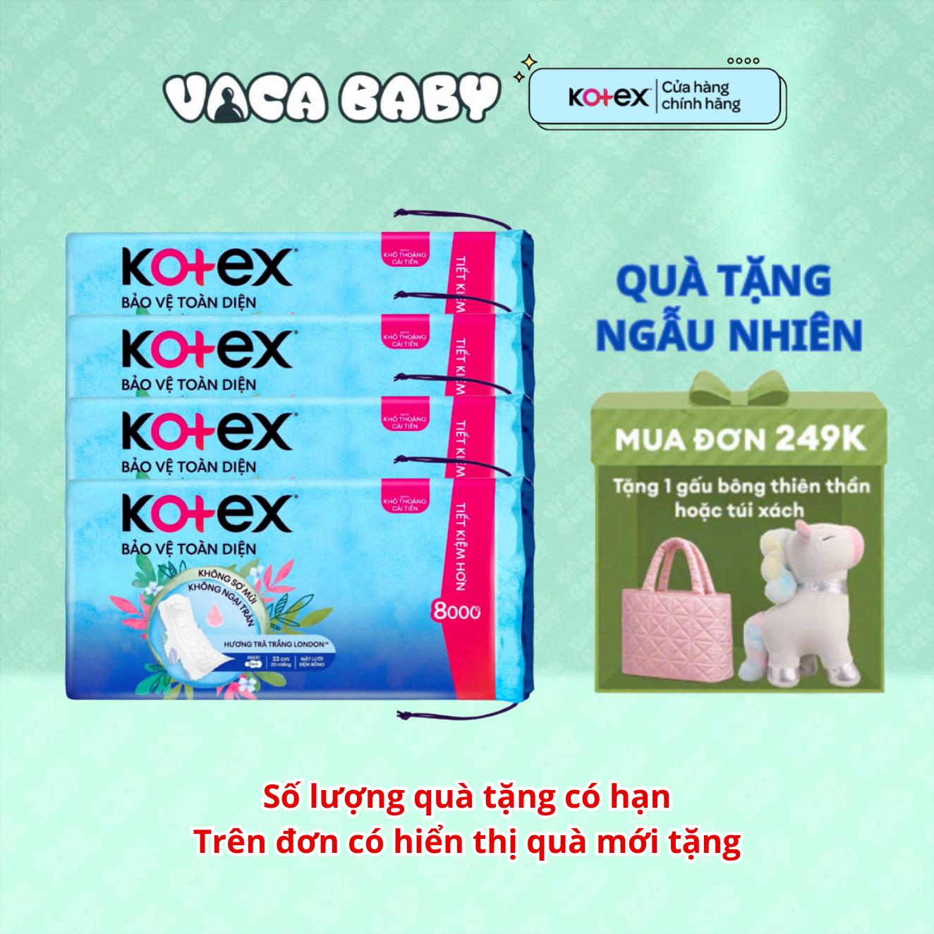 Combo 4 gói Băng Vệ Sinh Kotex Bảo Vệ Toàn Diện Dày Cánh 23cm Gói 20 miếng Hương trà trắng London Không ngại tràn