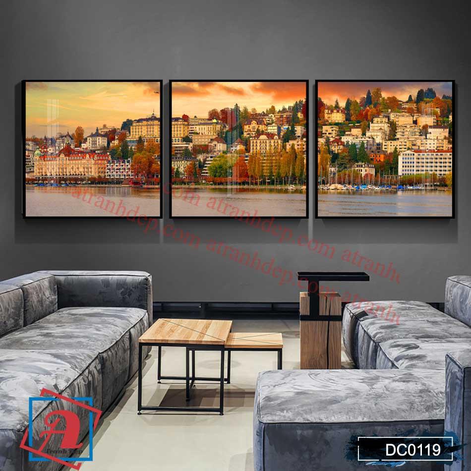 Tranh canvas treo tường Decor thành phố cách điệu thành phố bên sông hiện đại – DC120