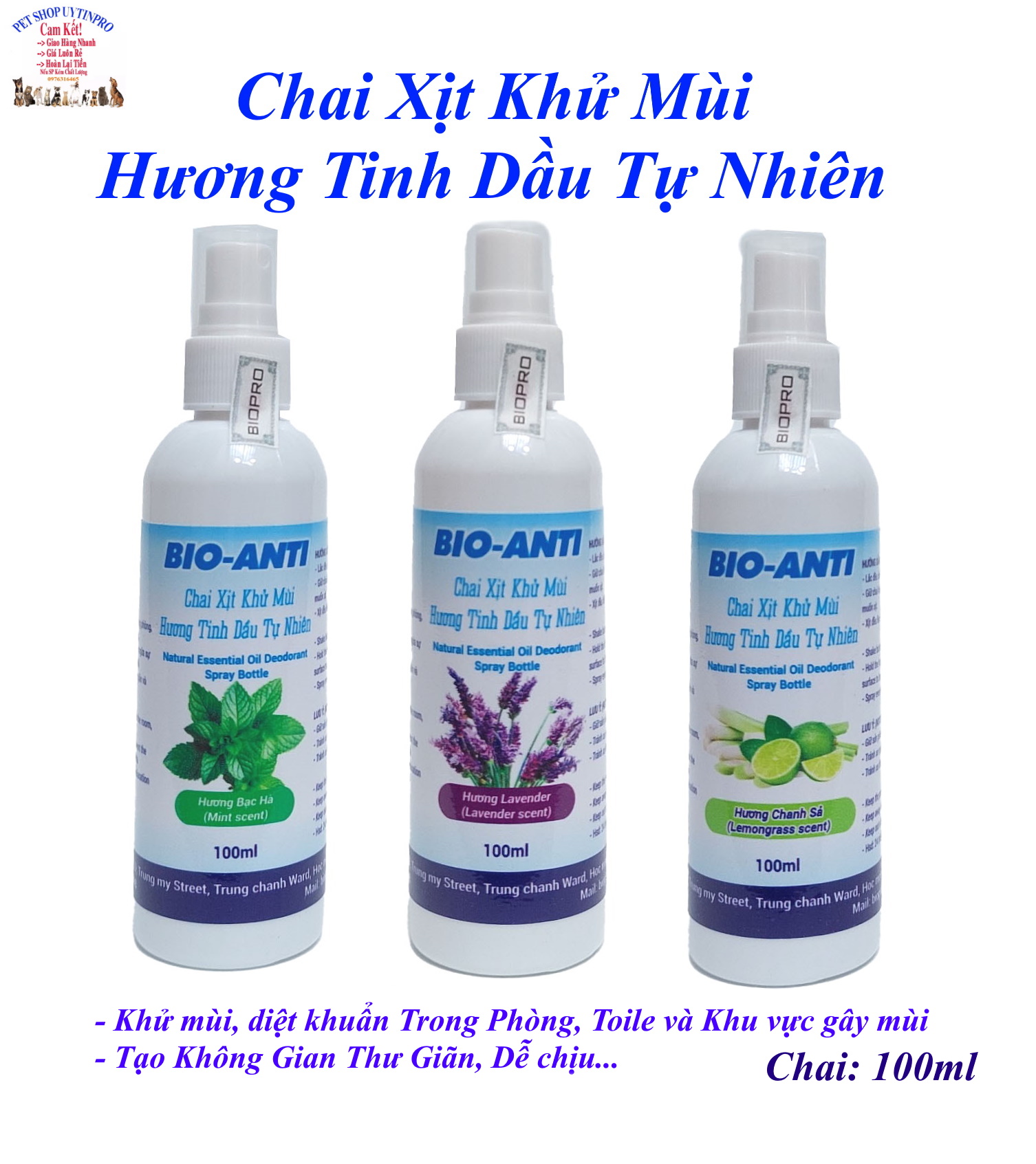 Chai xịt khử mùi diệt khuẩn hương tinh dầu tự nhiên Bio-Anti Chai 100ml Khử mùi phòng, Toilet, Khu vực gây mùi